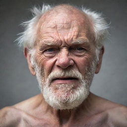 A grizzled, shirtless old man, showing clear signs of anger. His furrowed brows and clenched jaw adding to his intense expression.