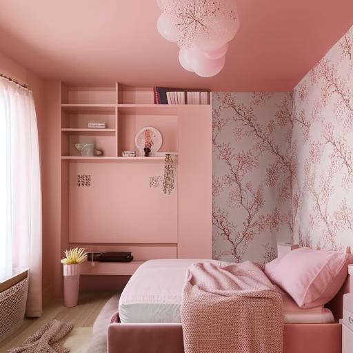 A stylish, girly room for a 25-year-old with one wall featuring floral wallpaper, other walls in dusty pink, inclusive of a bed, couch, vanity, TV, and a bookshelf