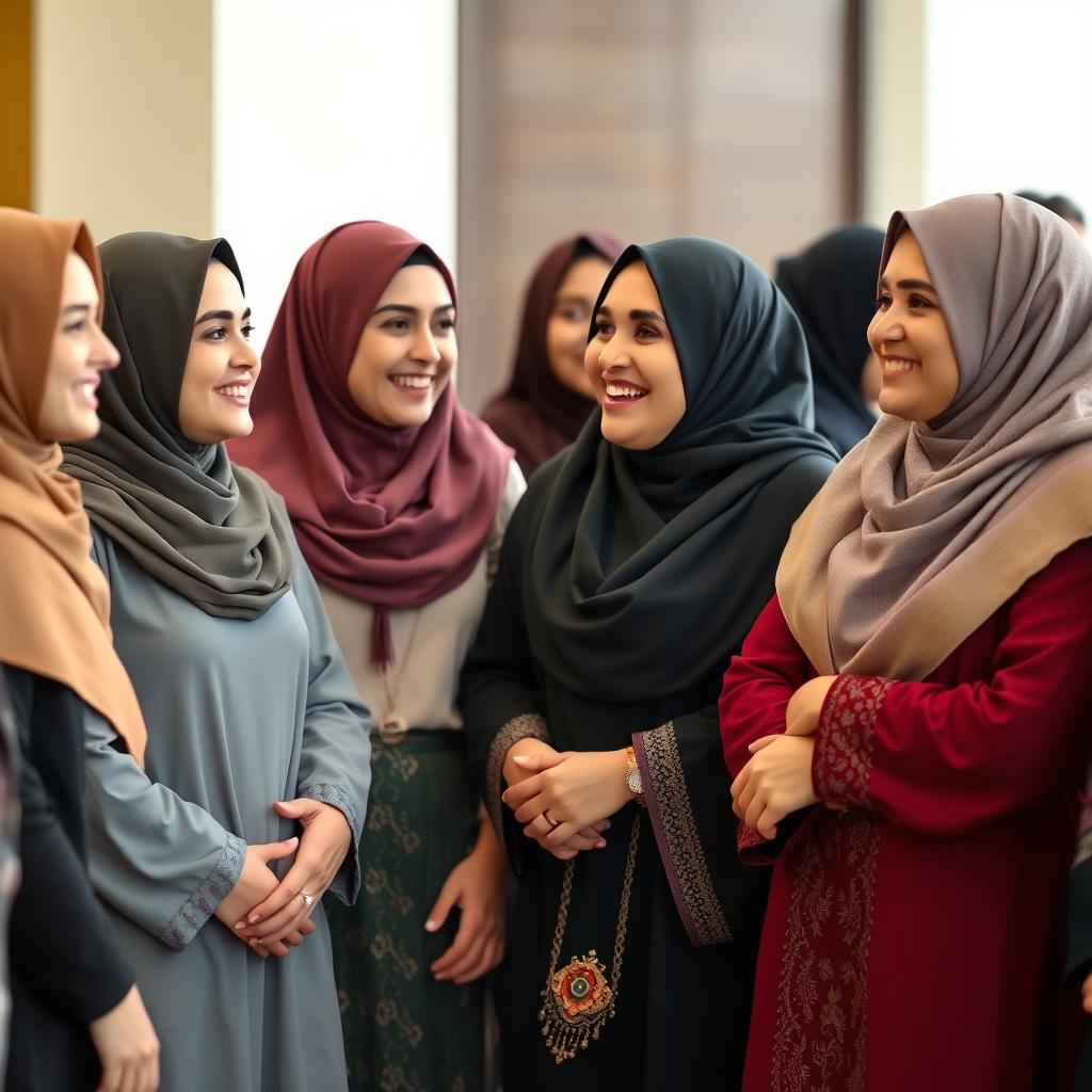 A group of Muslim women dressed in a mix of traditional and modern attire, standing together in a friendly and welcoming environment