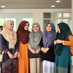 A group of Muslim women dressed in a mix of traditional and modern attire, standing together in a friendly and welcoming environment