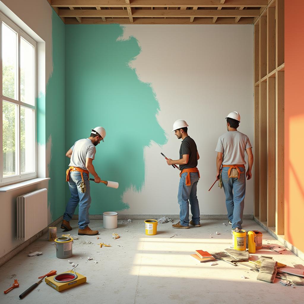 An image of a room being remodeled, with workers painting, laying flooring, and various tools and materials scattered around