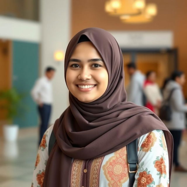 A single Muslim woman dressed in a mix of traditional and modern attire, standing in a friendly and welcoming environment