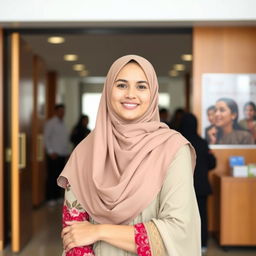 A single Muslim woman dressed in a mix of traditional and modern attire, standing in a friendly and welcoming environment