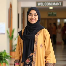 A single Muslim woman dressed in a mix of traditional and modern attire, standing in a friendly and welcoming environment