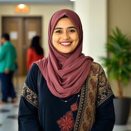 A single Muslim woman dressed in a mix of traditional and modern attire, standing in a friendly and welcoming environment