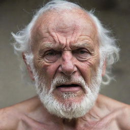 A grizzled, shirtless old man, showing clear signs of anger. His furrowed brows and clenched jaw adding to his intense expression.