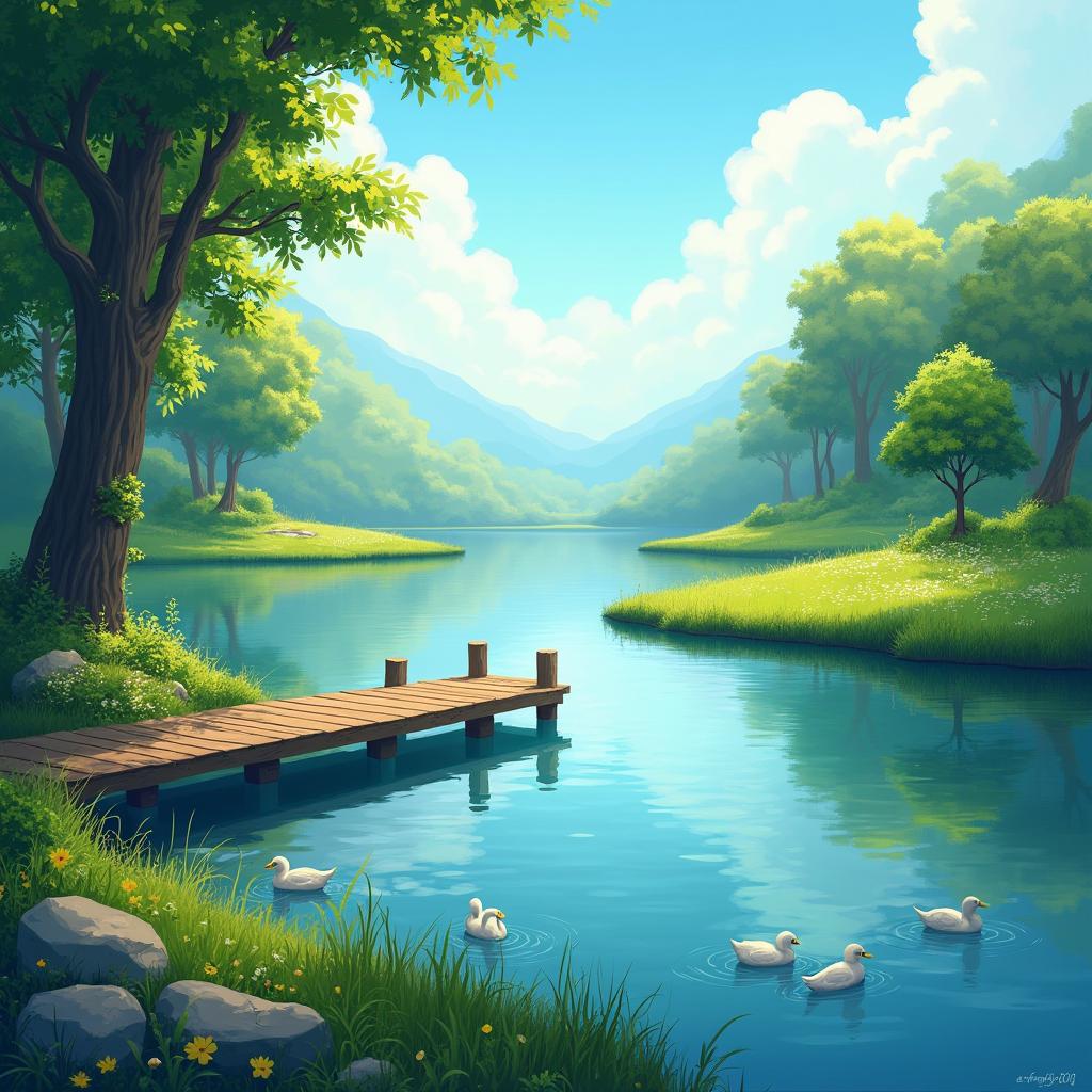 Create a serene landscape with lush greenery, a calm lake, a wooden pier, ducks, and gentle sunlight