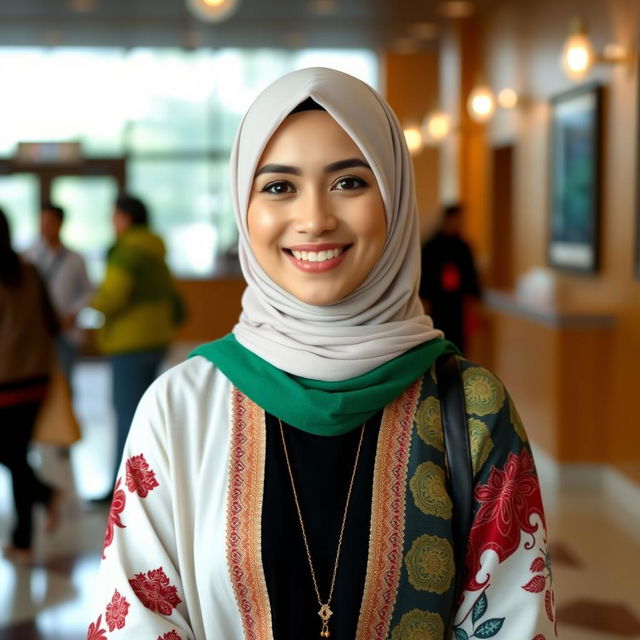 A single Muslim woman dressed in a mix of traditional and modern attire, standing in a friendly and welcoming environment