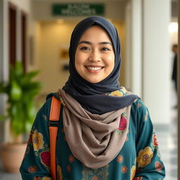 A single Muslim woman dressed in a mix of traditional and modern attire, standing in a friendly and welcoming environment