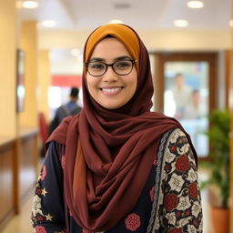 A single Muslim woman dressed in a mix of traditional and modern attire, standing in a friendly and welcoming environment