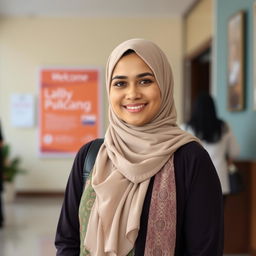 A single Muslim woman dressed in a mix of traditional and modern attire, standing in a friendly and welcoming environment