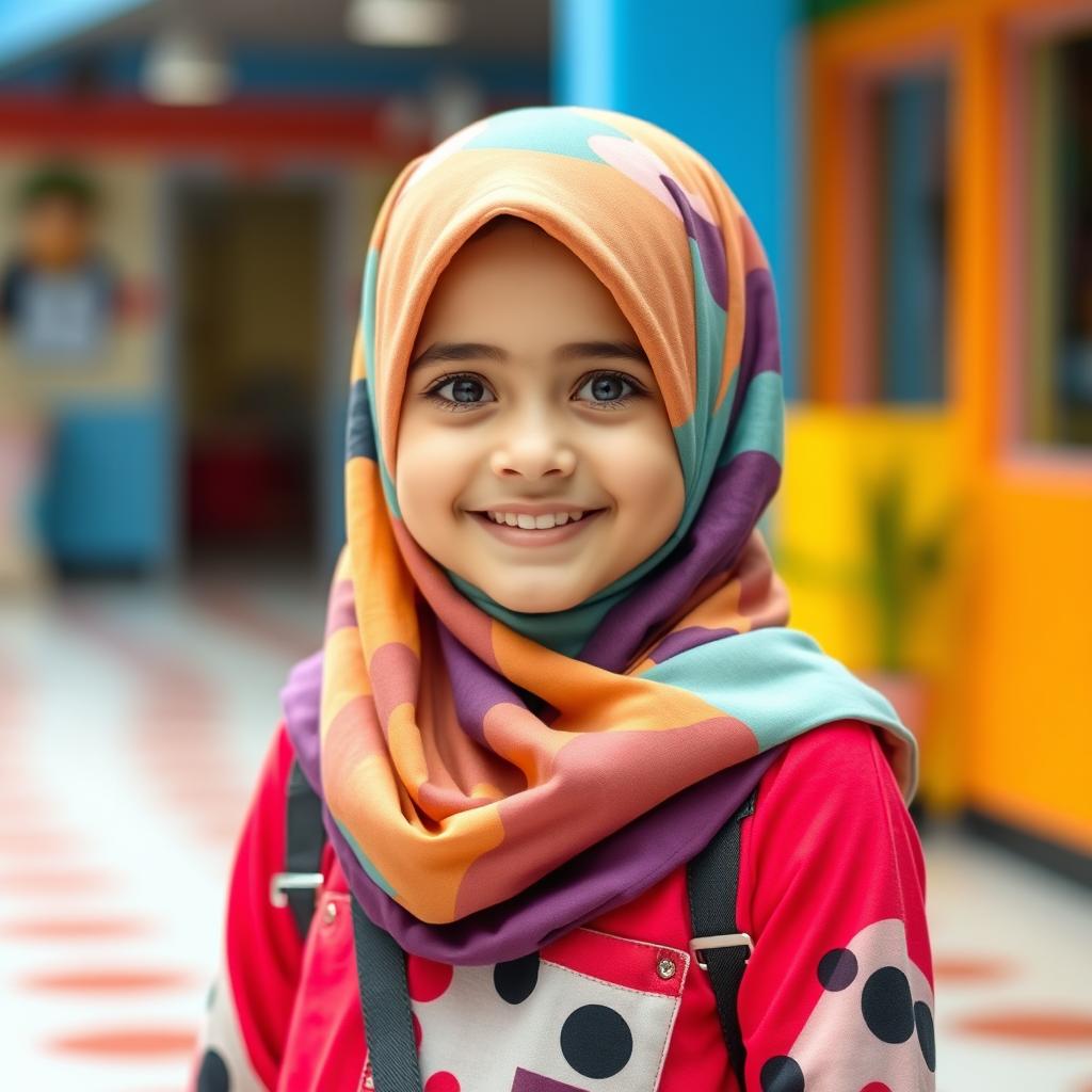 A cute Muslim girl wearing a colorful hijab and modern clothing, standing in a cheerful and vibrant environment