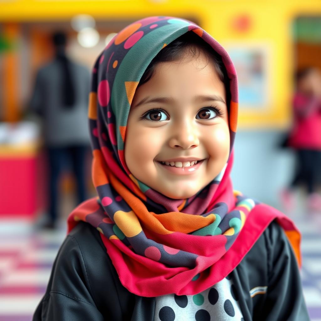 A cute Muslim girl wearing a colorful hijab and modern clothing, standing in a cheerful and vibrant environment