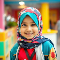 A cute Muslim girl wearing a colorful hijab and modern clothing, standing in a cheerful and vibrant environment