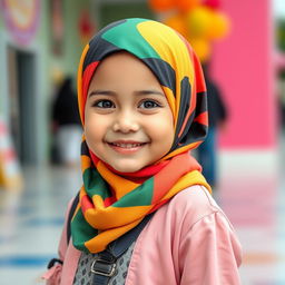 A cute Muslim girl wearing a colorful hijab and modern clothing, standing in a cheerful and vibrant environment