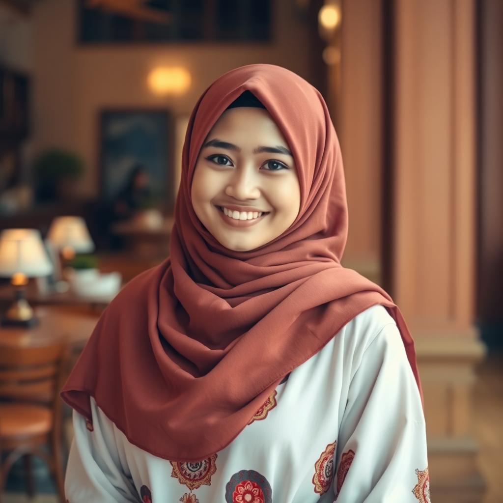 A cute Muslim woman dressed in a mix of traditional and modern attire, standing in a warm and inviting environment