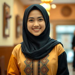 A cute Muslim woman dressed in a mix of traditional and modern attire, standing in a warm and inviting environment