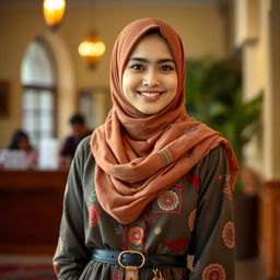 A cute Muslim woman dressed in a mix of traditional and modern attire, standing in a warm and inviting environment