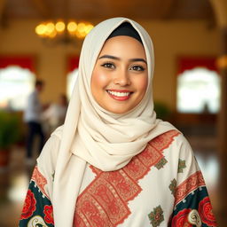 A cute Muslim woman dressed in a mix of traditional and modern attire, standing in a warm and inviting environment