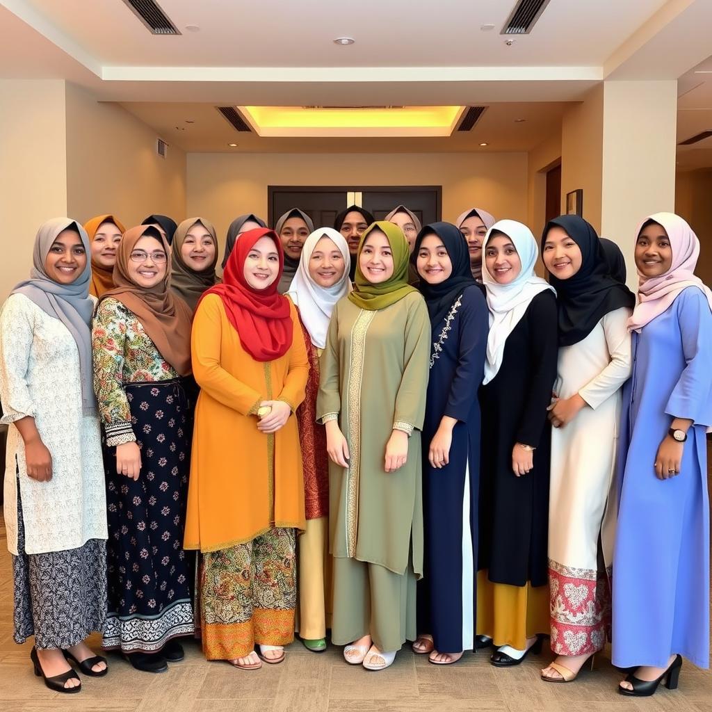 A group of thirty cute Muslim women dressed in a mix of traditional and modern attire, standing in a warm and inviting environment