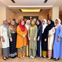 A group of thirty cute Muslim women dressed in a mix of traditional and modern attire, standing in a warm and inviting environment