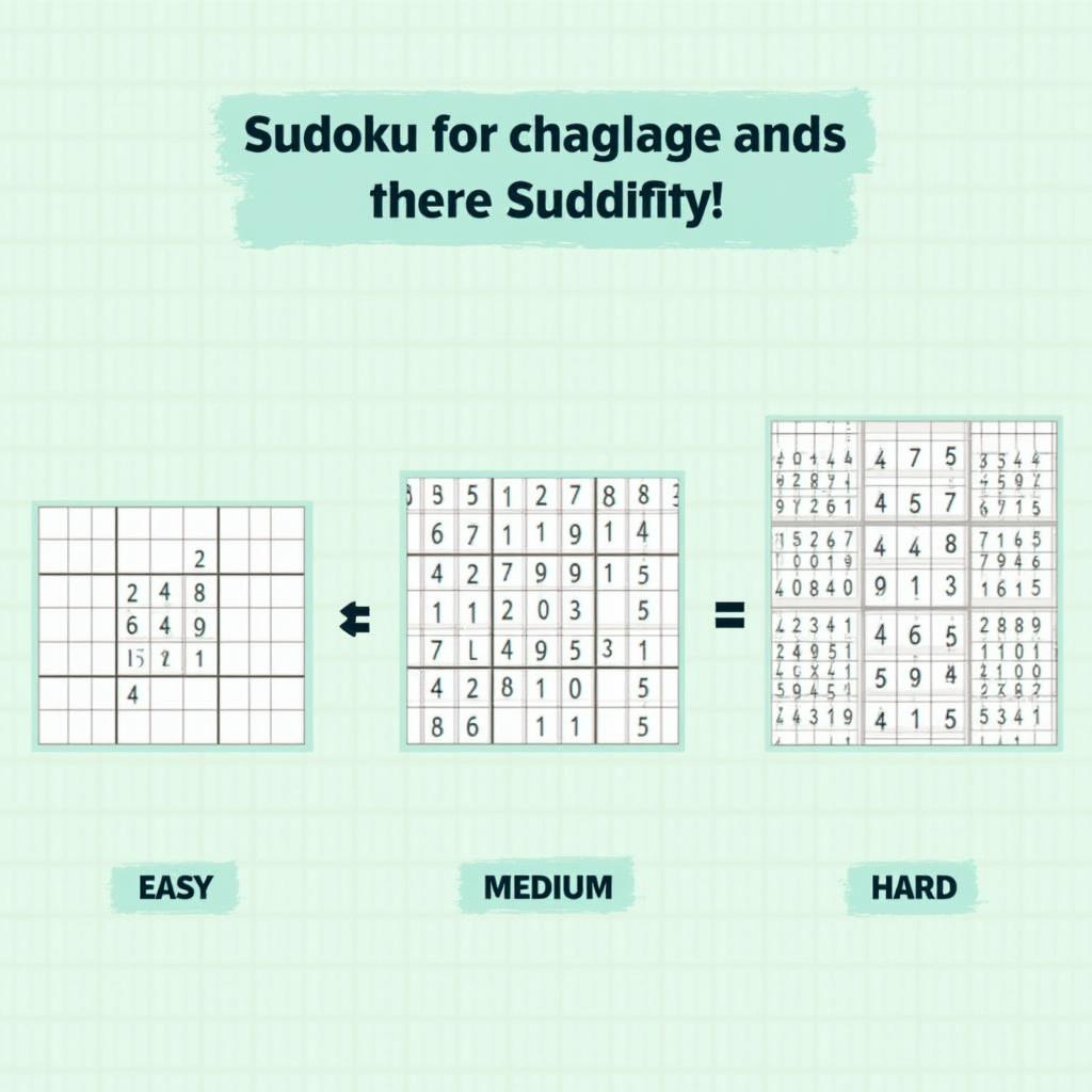 An image featuring three Sudoku puzzles of varying difficulty (easy, medium, hard) in a clean, neutral background with clear labels and legible numbers