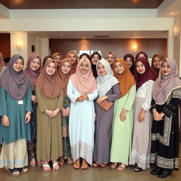 A group of thirty cute Muslim women dressed in a mix of traditional and modern attire, standing in a warm and inviting environment