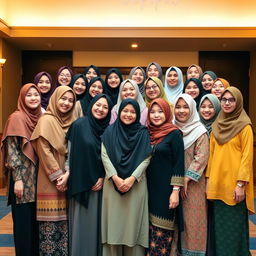 A group of thirty cute Muslim women dressed in a mix of traditional and modern attire, standing in a warm and inviting environment