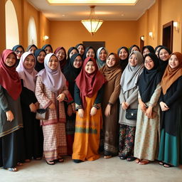 A group of thirty cute Muslim women dressed in a mix of traditional and modern attire, standing in a warm and inviting environment