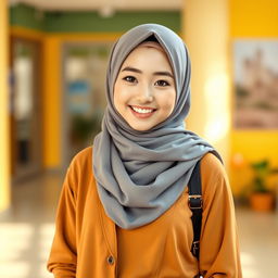 A single cute Muslim woman wearing a stylish hijab and modern clothing, standing in a bright and cheerful setting