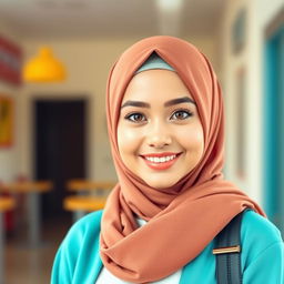 A single cute Muslim woman wearing a stylish hijab and modern clothing, standing in a bright and cheerful setting