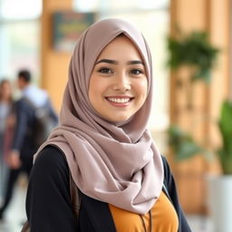 A single cute Muslim woman wearing a stylish hijab and modern clothing, standing in a bright and cheerful setting