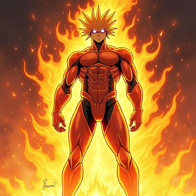 An epic illustration of Elemental Hero Neos from Yu-Gi-Oh!, engulfed in intense flames, showcasing his strength and heroism in a fiery, dynamic scene