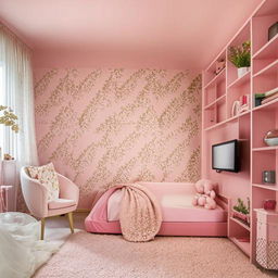 A stylish, girly room for a 25-year-old with one wall featuring floral wallpaper, other walls in dusty pink, inclusive of a bed, couch, vanity, TV, and a bookshelf