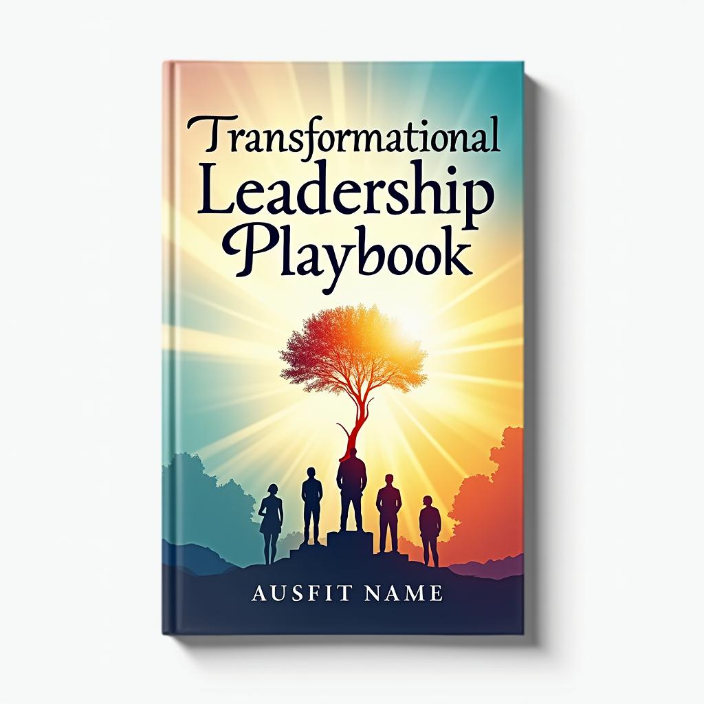 Create a book cover for 'Transformational Leadership Playbook' with a modern design, vibrant colors, and elements symbolizing growth and empowerment