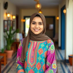 A single cute Muslim woman wearing a colorful kurti, standing in a friendly and welcoming environment