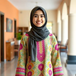 A single cute Muslim woman wearing a colorful kurti, standing in a friendly and welcoming environment