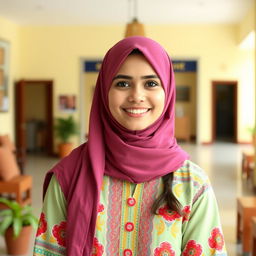 A single cute Muslim woman wearing a colorful kurti, standing in a friendly and welcoming environment