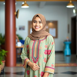 A single cute Muslim woman wearing a colorful kurti, standing in a friendly and welcoming environment