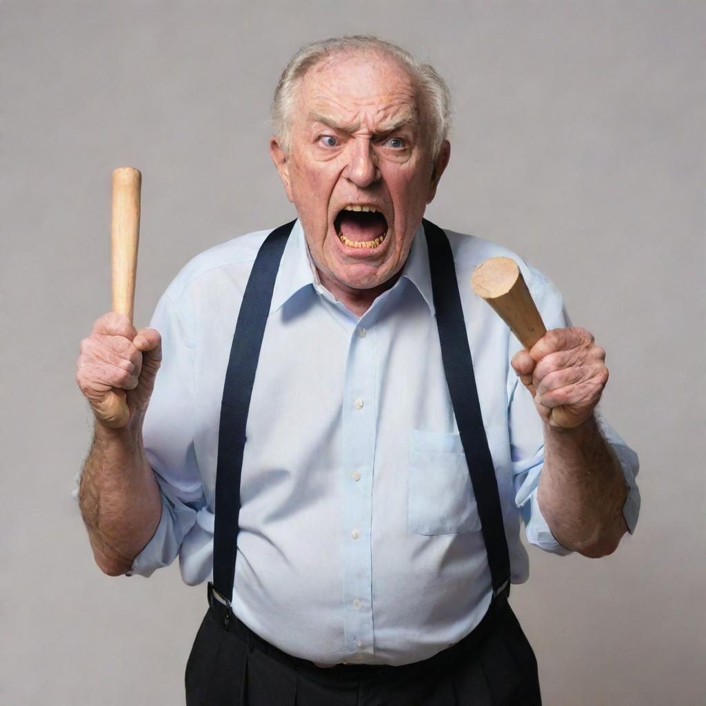 A furious elderly man, clutching a bat in his hands, rampaging and breaking objects around him, illustrating his rage.