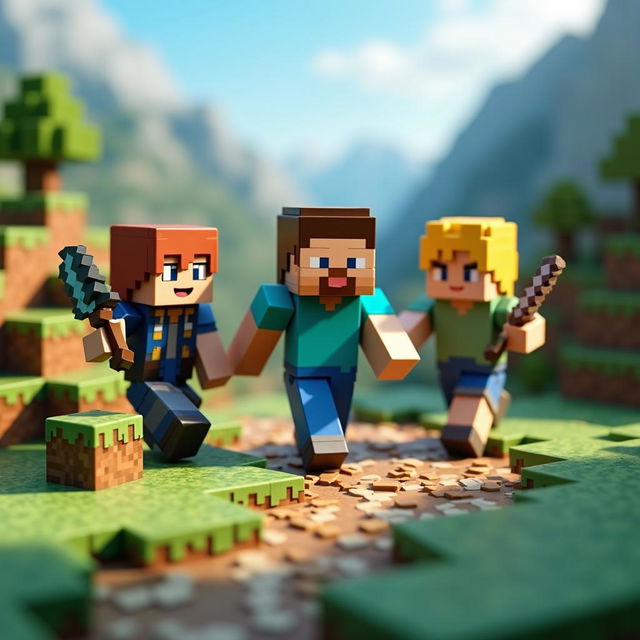 Una miniatura para una serie de Minecraft con tres personajes principales en un escenario de Minecraft, con poses dinámicas y colores vibrantes