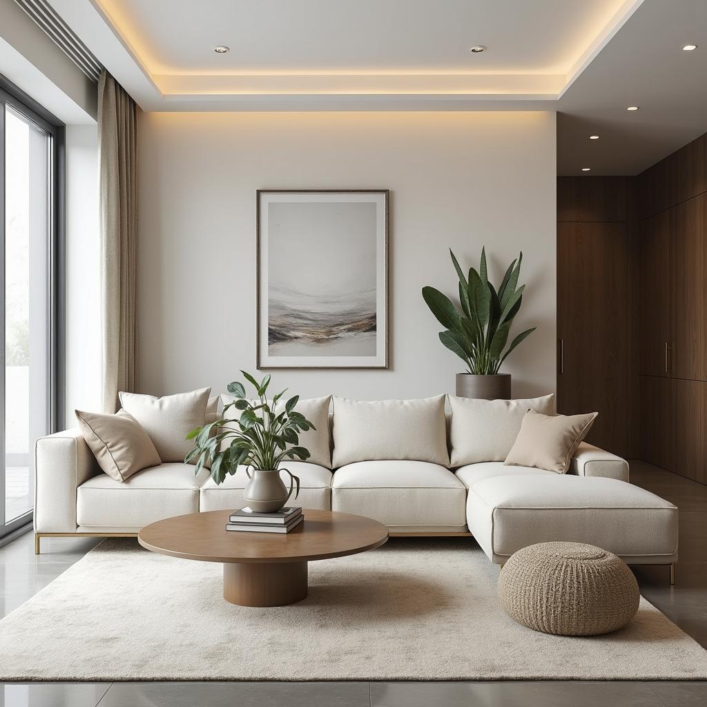 Una decoración interior moderna y elegante con un enfoque minimalista, colores neutros, muebles de líneas limpias, arte abstracto, plantas, iluminación suave y un área de trabajo acogedora