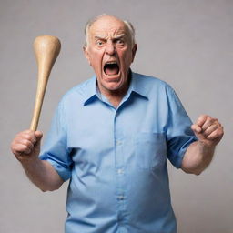 A furious elderly man, clutching a bat in his hands, rampaging and breaking objects around him, illustrating his rage.