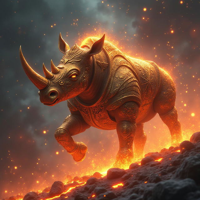 A majestic and fearsome humanoid rhinoceros god, the star deity of War, in gold and red shimmering plate armor with star, galaxy, and lava design elements