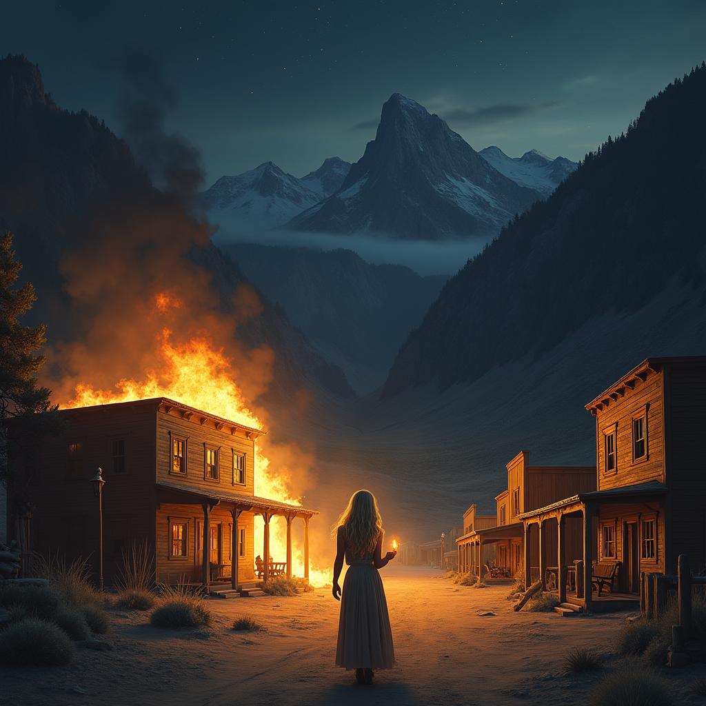 An old west mountain town at night with a saloon on fire