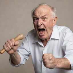 A furious elderly man, clutching a bat in his hands, rampaging and breaking objects around him, illustrating his rage.