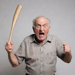 A furious elderly man, clutching a bat in his hands, rampaging and breaking objects around him, illustrating his rage.