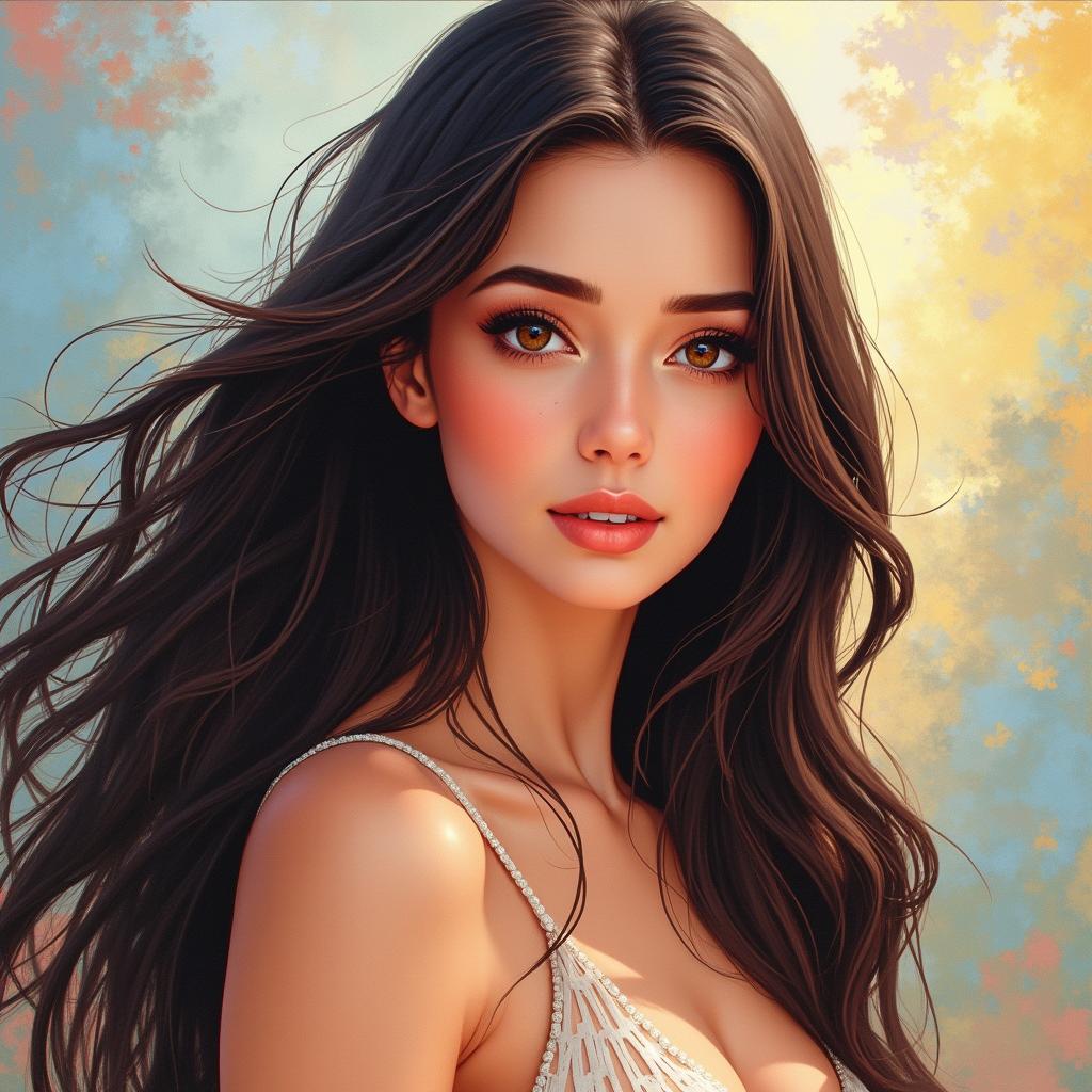 A detailed and vibrant illustration of a woman with long hair, expressive eyes, and elegant clothing