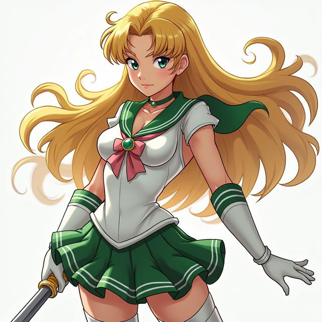 A Sailor Senshi em uma pose de batalha dinâmica, com uniforme branco e verde, cabelo castanho claro, olhos azuis, em um fundo galáctico com estrelas e nebulosas em tons de azul, roxo e rosa