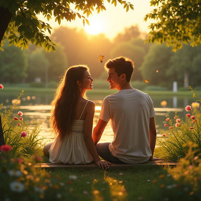 A romantic scene of a teenage couple sharing a joyful moment in a sunlit park during the golden hour, surrounded by lush greenery, blooming flowers, and a serene lake, evoking feelings of young love and happiness